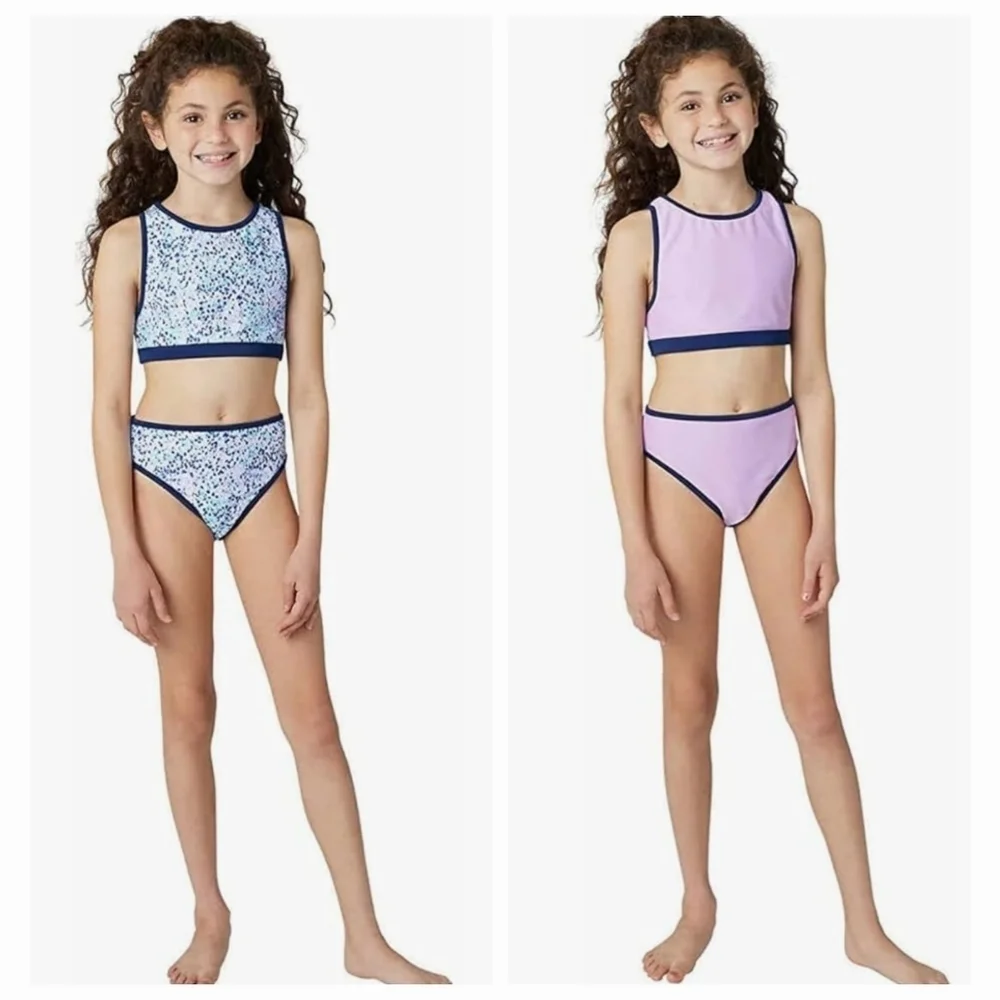 Eddie Bauer Girls L 2-piece Reversible Swimsuit Navy Blue Polka-dot and Purple